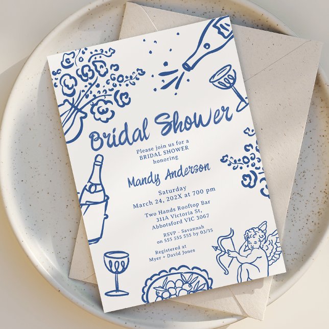 Invitation Fête des mariées de Cherub dessinée à la main bleu (Hand Drawn Bridal Shower Invitation, Bridal Shower Invitations, Hand Drawn Bridal Invitation Blue)