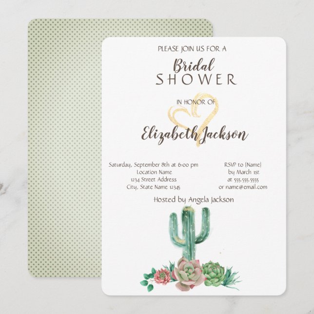 Invitation Fête des mariées de coeur doré Succulent Cactus mo (Devant / Derrière)