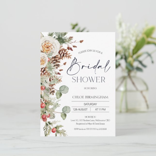 Invitation Fête des mariées de cône de pin floral d'hiver mod (Debout devant)