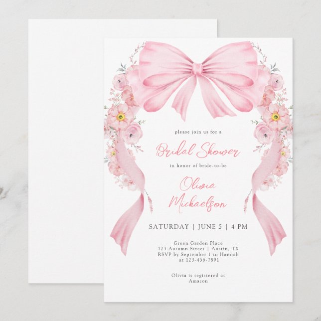 Invitation Fête des mariées de coquette en arc rose floral (Devant / Derrière)