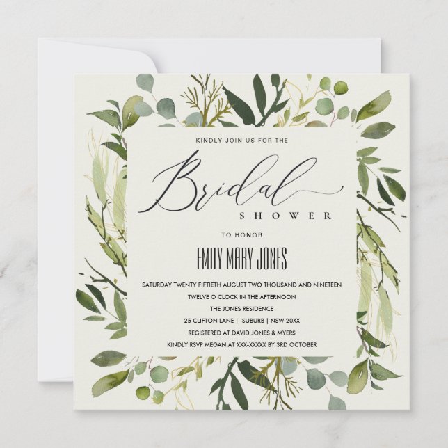 INVITATION FÊTE DES MARIÉES DE COULEUR D'EAU EN FEUILLE VERT  (Devant)