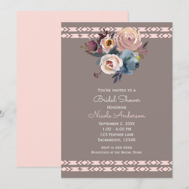 Invitation Fête des mariées de couleur Rose Boho rose Taupe (Devant / Derrière)