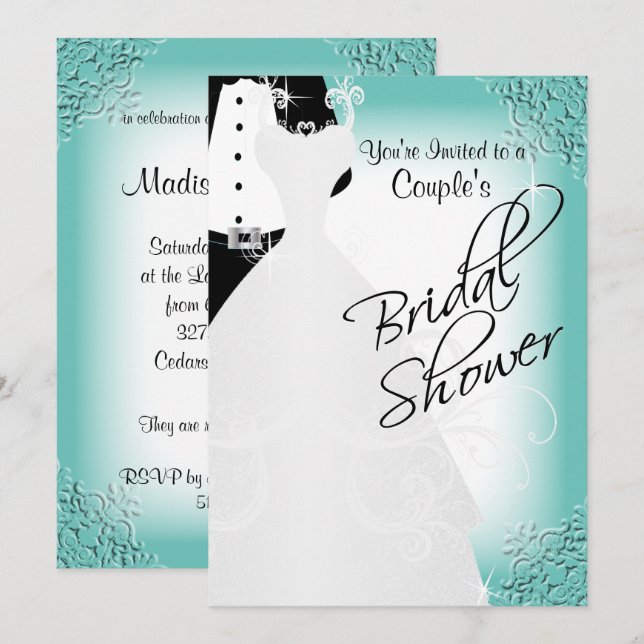 Invitation Fête des mariées de couple dans un Turquoise éléga (Devant / Derrière)