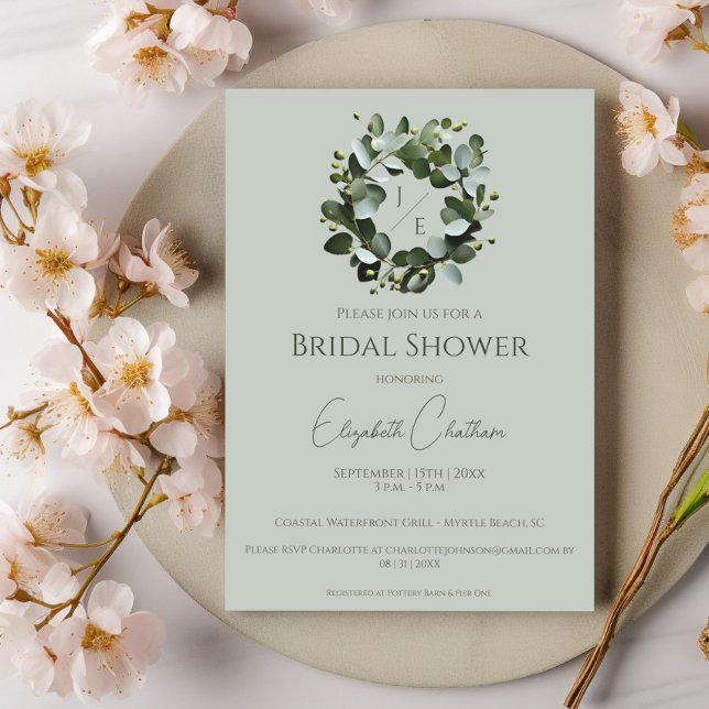 Invitation Fête des mariées de couronne Monogram Eucalyptus m (Sage Green Modern Monogram Eucalyptus Wreath Bridal Shower Invitation)