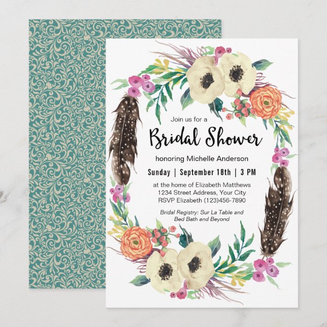 Invitation Fête des mariées de couronnes florales Boho (Devant / Derrière)