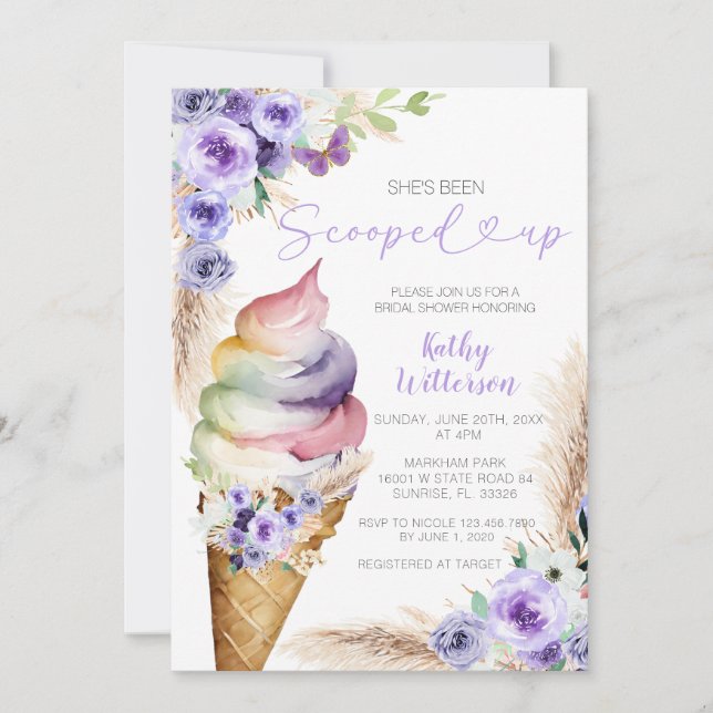 Invitation Fête des mariées de crème glacée florale pourpre (Devant)