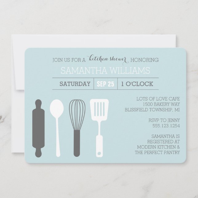 Invitation Fête des mariées de cuisine moderne bleu pâle gris (Devant)