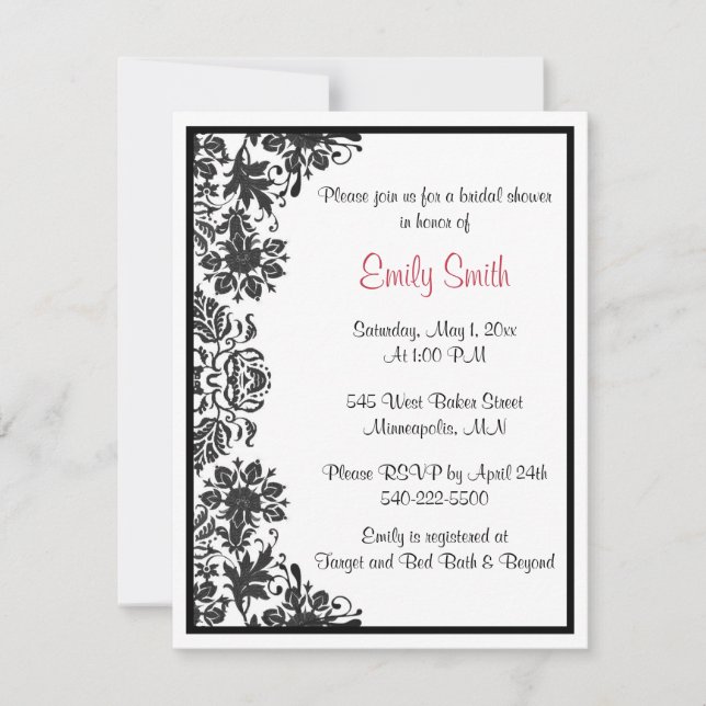 Invitation Fête des mariées de Damas florales noir et blanc (Devant)