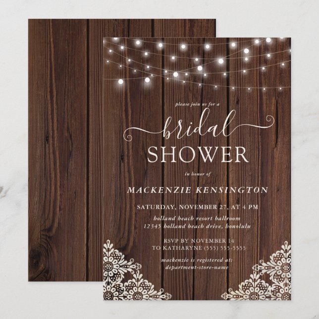 Invitation Fête des mariées de dentelle en bois rustique et e (Devant / Derrière)