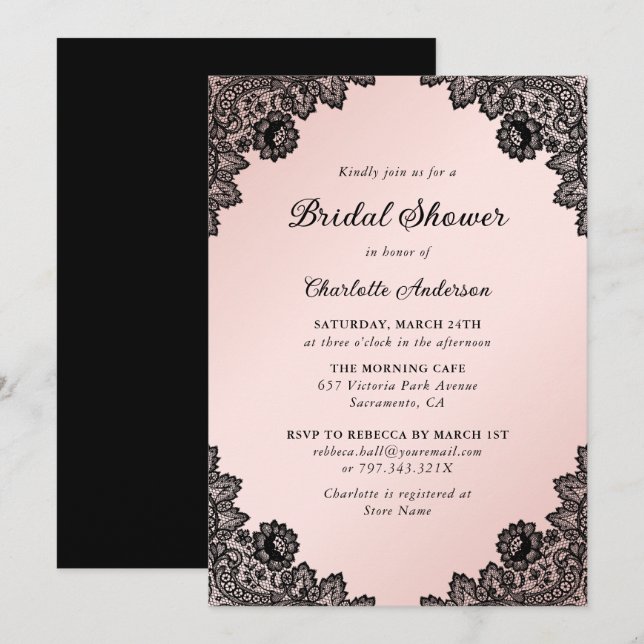 Invitation Fête des mariées de dentelle florale noire et blan (Devant / Derrière)
