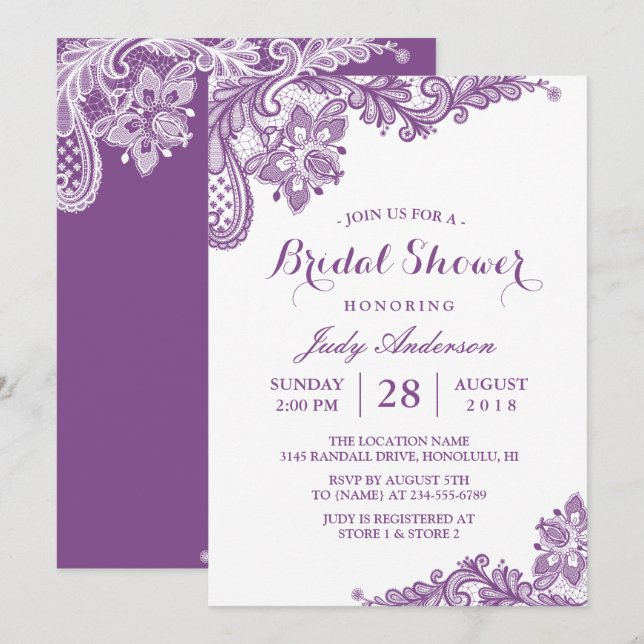Invitation Fête des mariées de dentelle moderne violet de lav (Devant / Derrière)