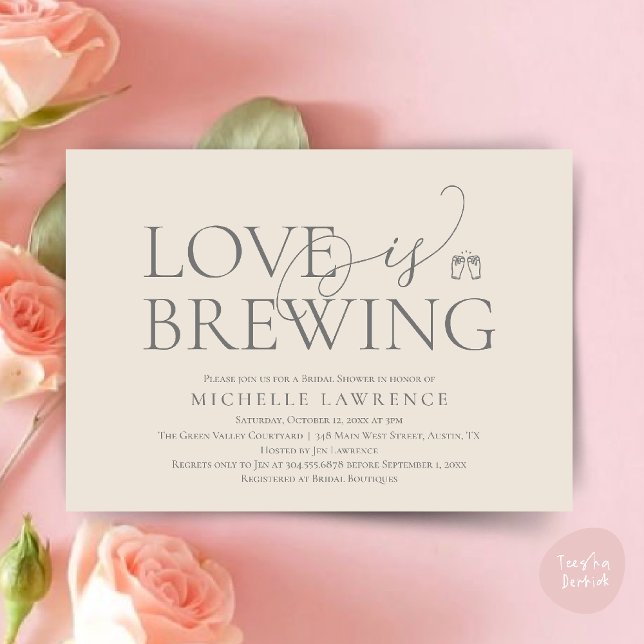 Invitation Fête des mariées de fête de la bière classique, l' (Classy Beer Party Bridal Shower, Love is brewing modern romantic Invitation Card PDF in Cream Grey)