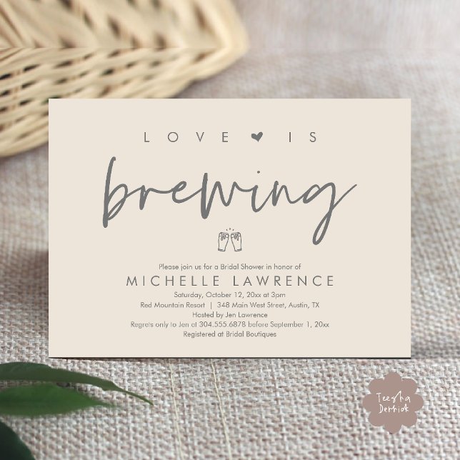 Invitation Fête des mariées de fête de la bière, l'amour bras (Beer Party Bridal Shower, Love is brewing Invitation card modern romance cream grey)