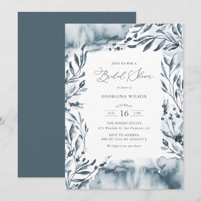 Invitation Fête des mariées de feuillage bleu romantique (Devant / Derrière)