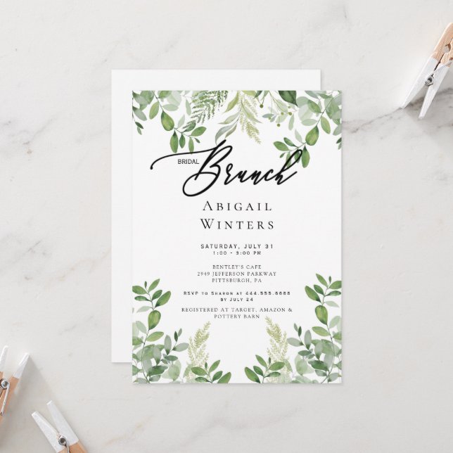 Invitation Fête des mariées de feuillage de Brunch nuptial mo (Devant/Arrière en situation)
