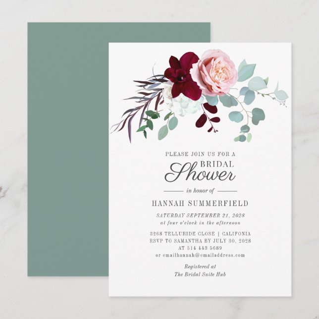 Invitation Fête des mariées de feuillage floral Burgundy Euca (Devant / Derrière)