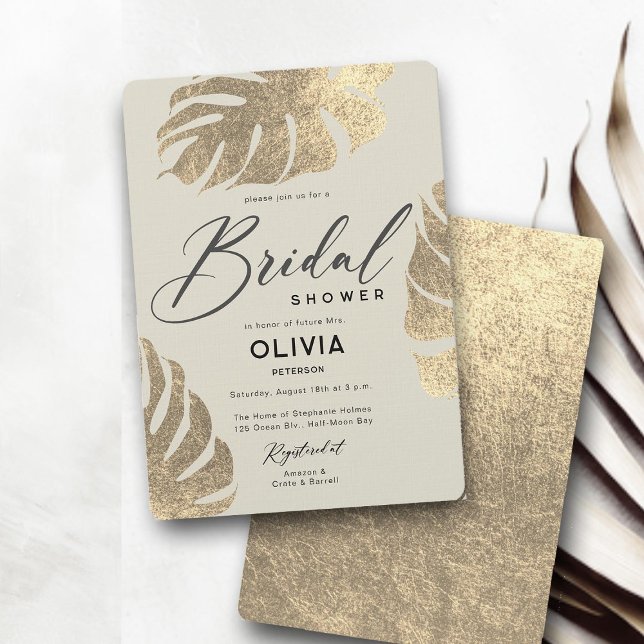 Invitation Fête des mariées de feuillage moderne Tropical Gol (tropical bridal shower invitation gold leaf monstera ecru ivory luxury modern elegant boho)