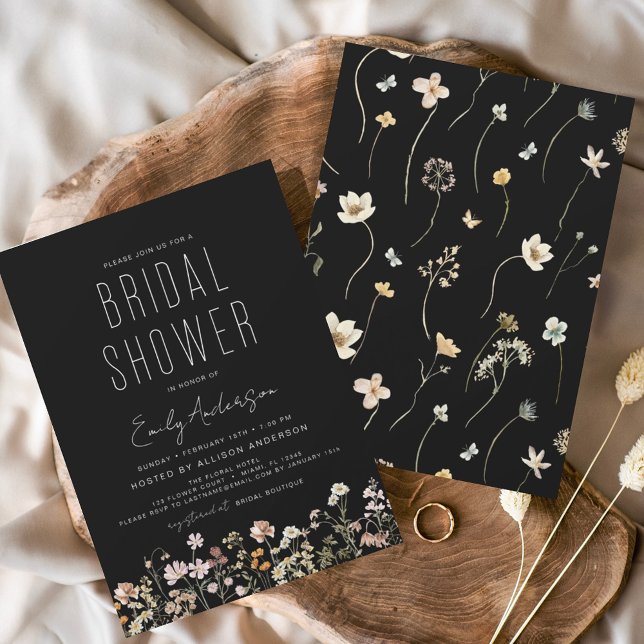 Invitation Fête des mariées de Fleur sauvage Black Boho moder (Créateur téléchargé)
