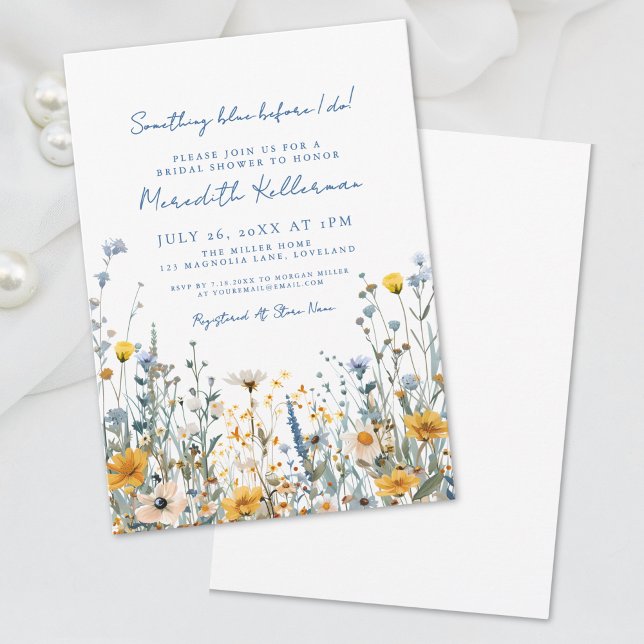 Invitation Fête des mariées de Fleur sauvage bleu (Blue Botanical Wildflower Bridal Shower Invitation)
