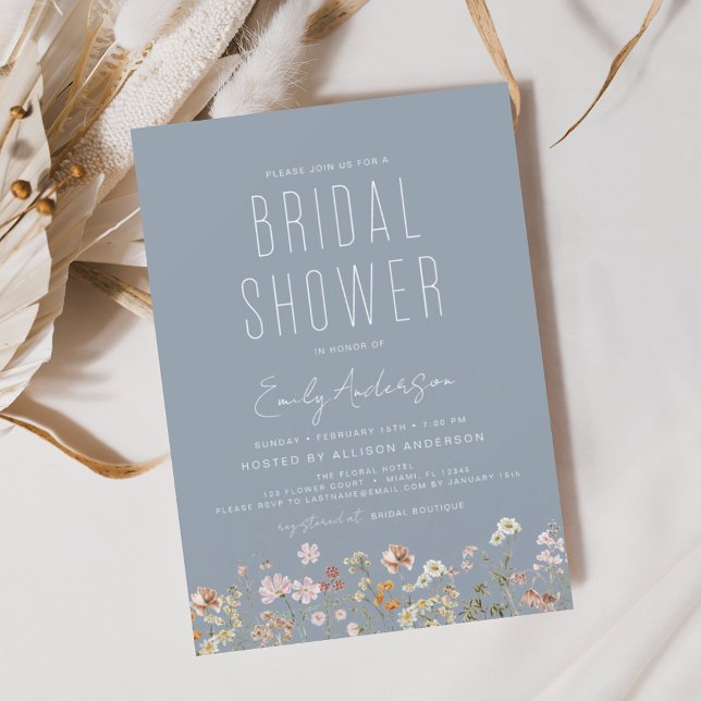 Invitation Fête des mariées de Fleur sauvage Dusty Blue Boho (Créateur téléchargé)