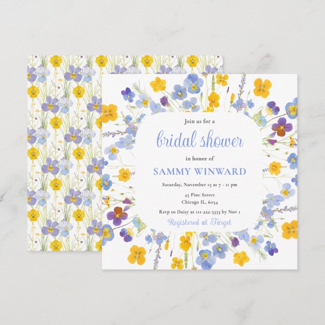 Invitation Fête des mariées de fleurs bleu et jaune printemps (Devant / Derrière)