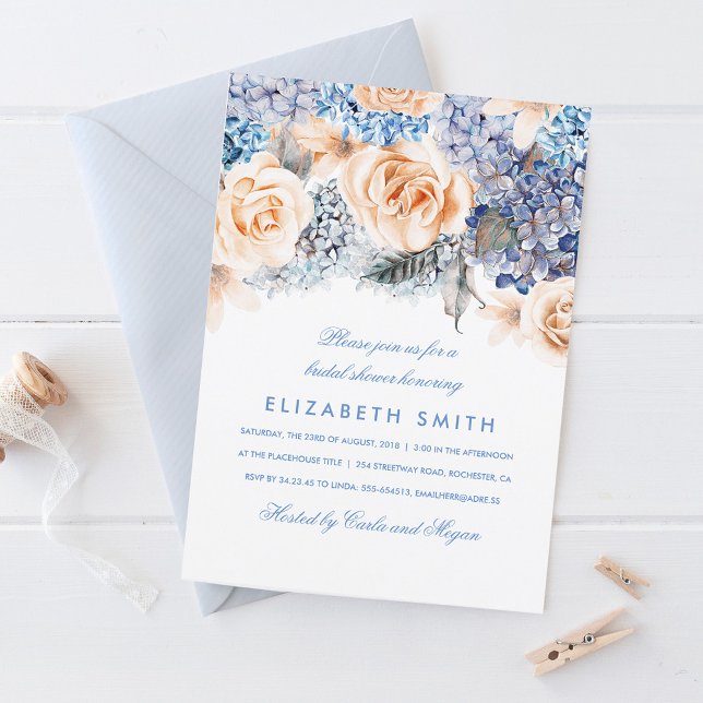 Invitation Fête des mariées de fleurs d'aquarelle bleu et de  (Créateur téléchargé)