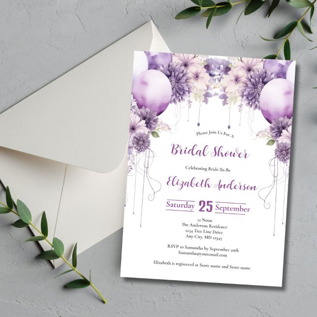 Invitation Fête des mariées de fleurs d'aquarelle violet Ball (Purple Balloons and Flowers Arch Bridal Shower Invitation. Watercolor Elegant)