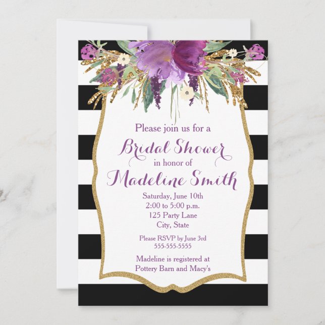 Invitation Fête des mariées de fleurs d'aquarelle violet et o (Devant)