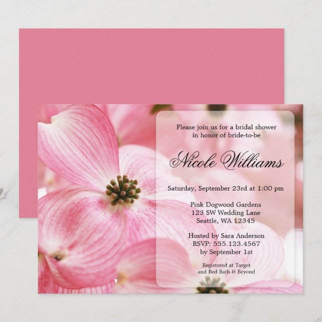 Invitation Fête des mariées de fleurs de bois de chien rose (Devant / Derrière)