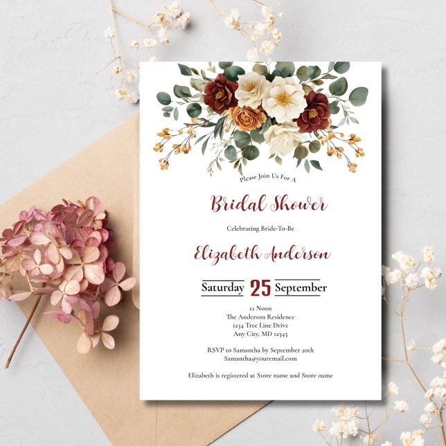 Invitation Fête des mariées de fleurs de crème rouille de Bou (Burgundy Rust and Cream Floral Bridal shower invitation)