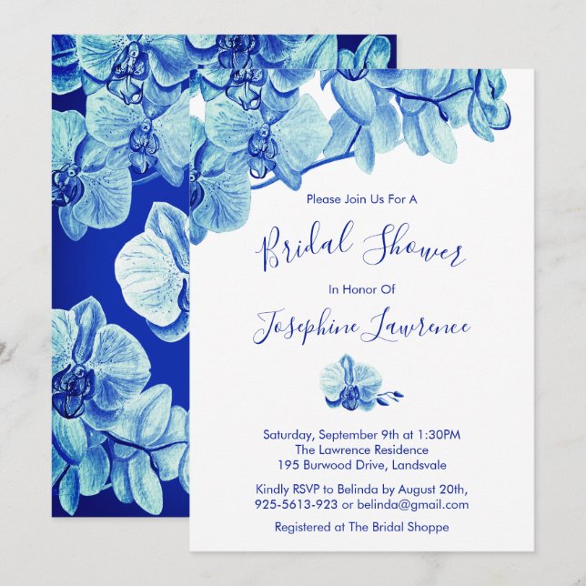 Invitation Fête des mariées de fleurs d'orchidées bleues (Devant / Derrière)