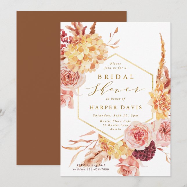 Invitation Fête des mariées de fleurs en terre cuite dorée (Devant / Derrière)