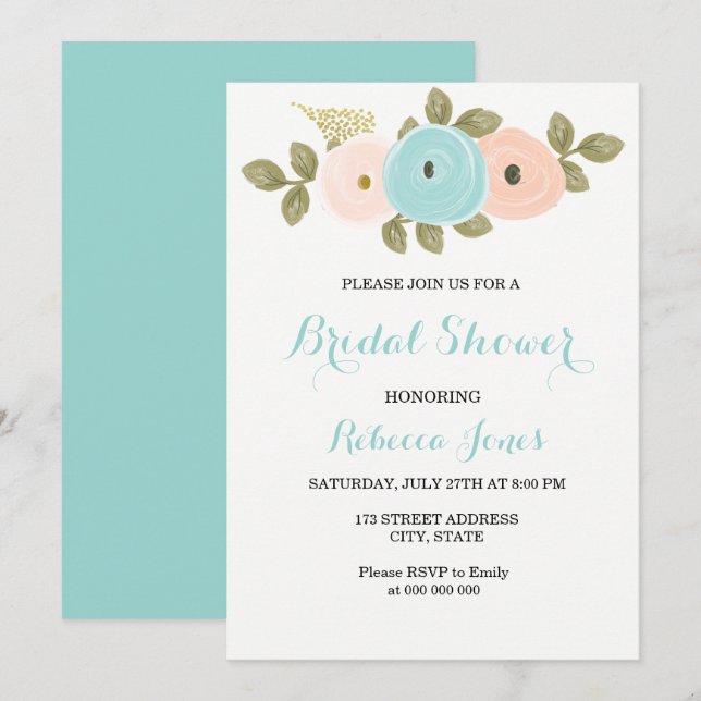 Invitation Fête des mariées de fleurs Turquoises de broche do (Devant / Derrière)