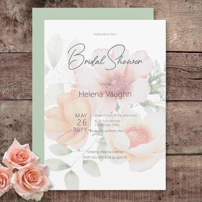 Invitation Fête des mariées de fleurs vertes modernes Peach & (Modern Peach & Sage Green Flowers Bridal Shower Invitation)