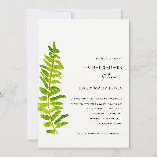INVITATION FÊTE DES MARIÉES DE FOLIAGE DE FERN VERT OR (Devant)