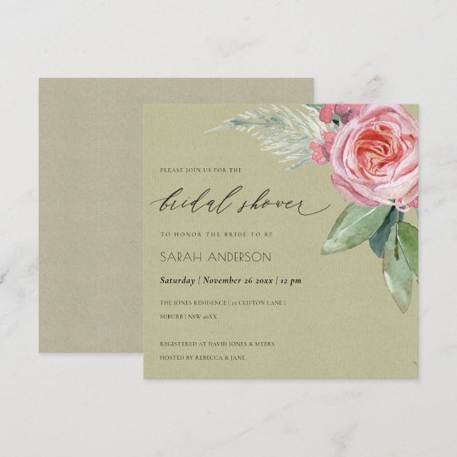 INVITATION FÊTE DES MARIÉES DE FOLIAGE DE FLEURS ROSES EN COU (Devant / Derrière)