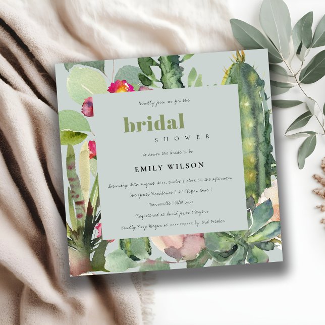 INVITATION FÊTE DES MARIÉES DE FOLIAGE FLORAL CACTI BOHO GRIS (Créateur téléchargé)