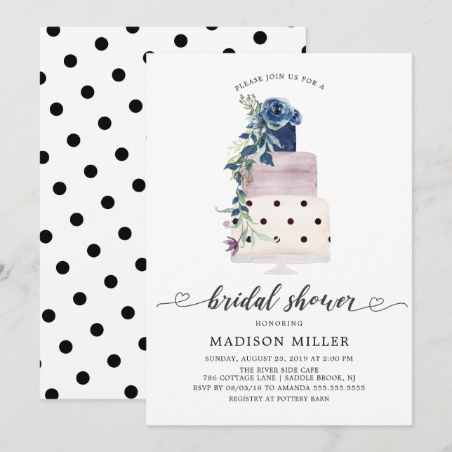 Invitation Fête des mariées de gâteau floral marine moderne e (Devant / Derrière)