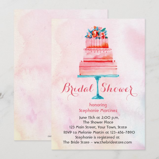 Invitation Fête des mariées de gâteau Mariage aquarelle (Devant / Derrière)