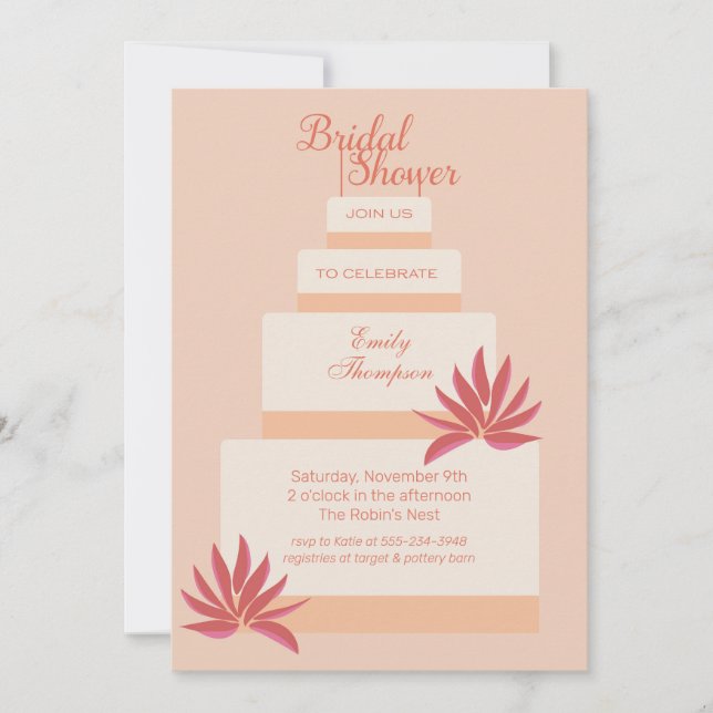 Invitation Fête des mariées de gâteau Mariage rose et pêche (Devant)