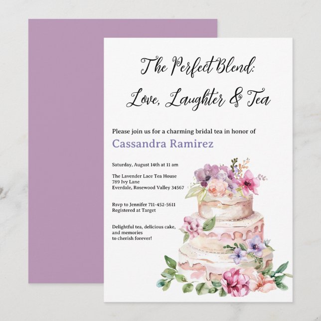 Invitation Fête des mariées de gâteau rose violet floral (Devant / Derrière)