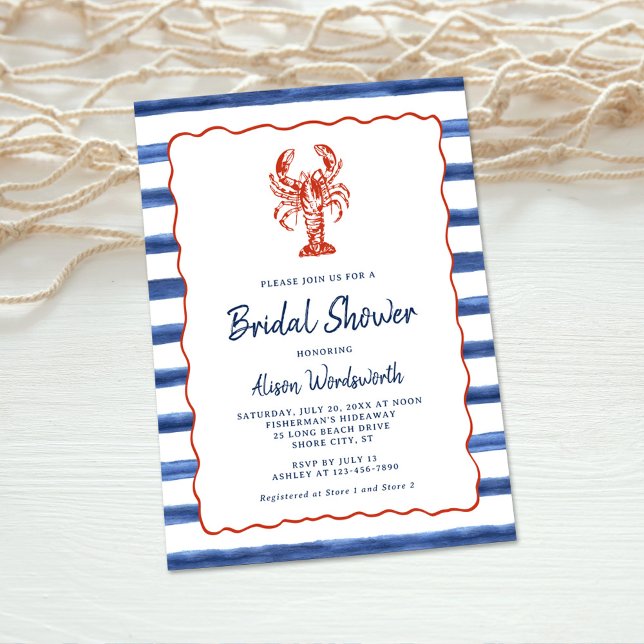 Invitation Fête des mariées de homard à rayures nautiques (Créateur téléchargé)