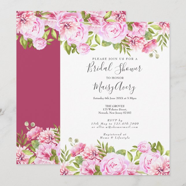 Invitation Fête des mariées de jardin rose (Devant / Derrière)
