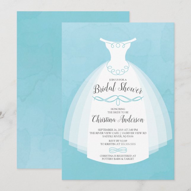 Invitation Fête des mariées de la mariée d'aquarelle bleue (Devant / Derrière)