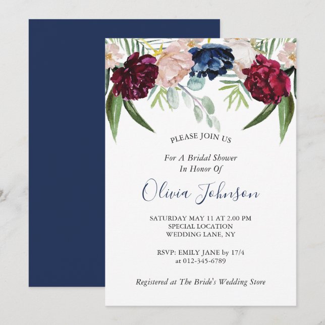 Invitation Fête des mariées de la marine Blue Floral Green (Devant / Derrière)
