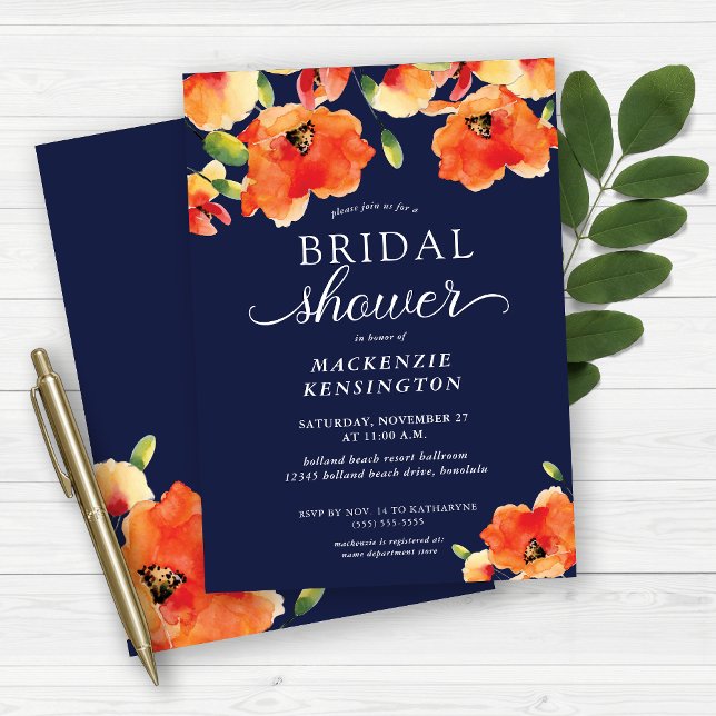 Invitation Fête des mariées de la Marine Blue Orange Golden P (Beautiful Golden Poppies on Navy Blue)
