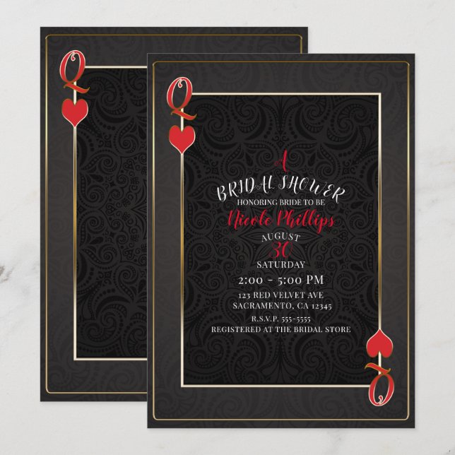 Invitation Fête des mariées de la Reine des Coeurs noire et r (Devant / Derrière)