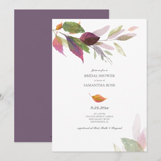 Invitation Fête des mariées de l'aquarelle des feuilles d'aut (Devant / Derrière)