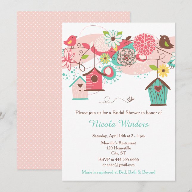 Invitation Fête des mariées de maisons d'oiseaux floraux rose (Devant / Derrière)