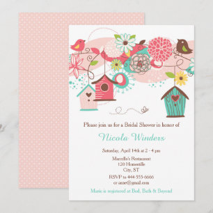 Invitation Fête des mariées de maisons d'oiseaux floraux rose